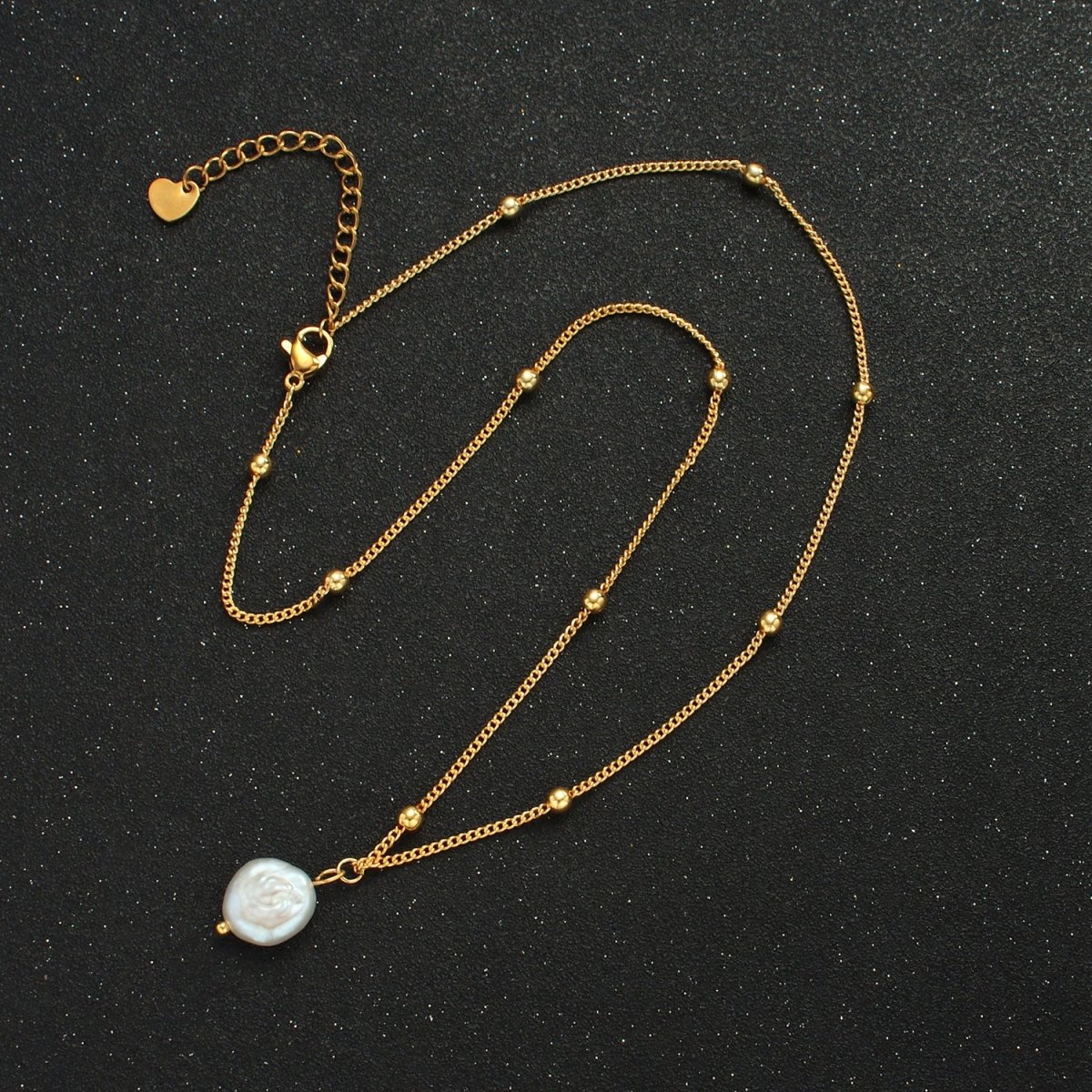 14K Gold plated Satellite Bead Curb Chain Necklace with Mother of Pearl Charm 17.12 Inch with Extender | WA2576 - DLUXCA