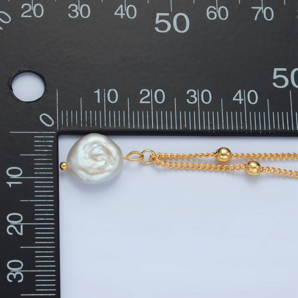 14K Gold plated Satellite Bead Curb Chain Necklace with Mother of Pearl Charm 17.12 Inch with Extender | WA2576 - DLUXCA