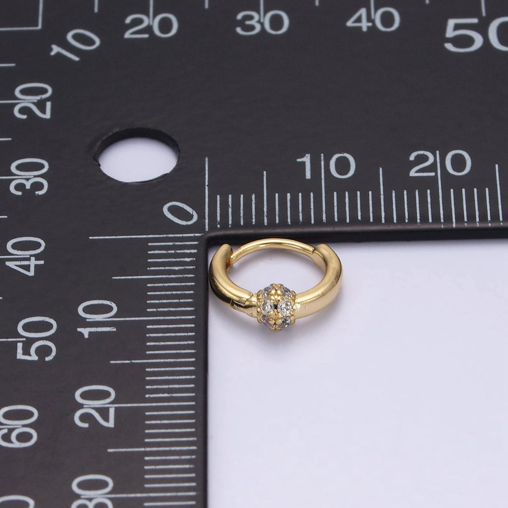 14K Gold plated Shambala Bead CZ Micro Paved 10mm Cartilage Huggie Earrings | AE747 - DLUXCA