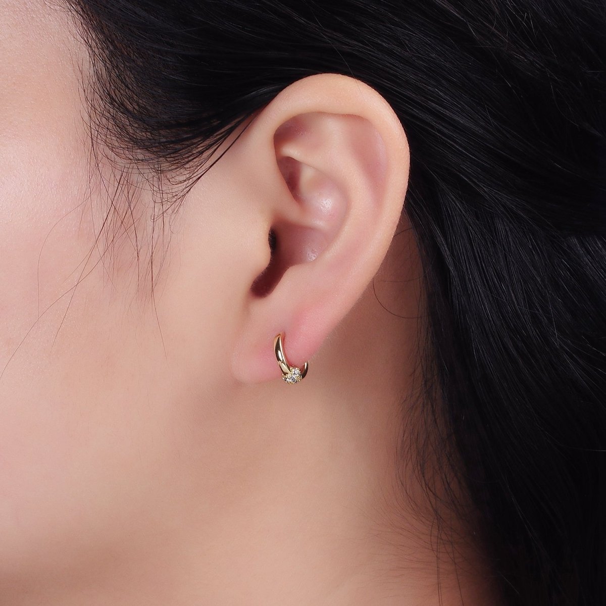 14K Gold plated Shambala Bead CZ Micro Paved 10mm Cartilage Huggie Earrings | AE747 - DLUXCA