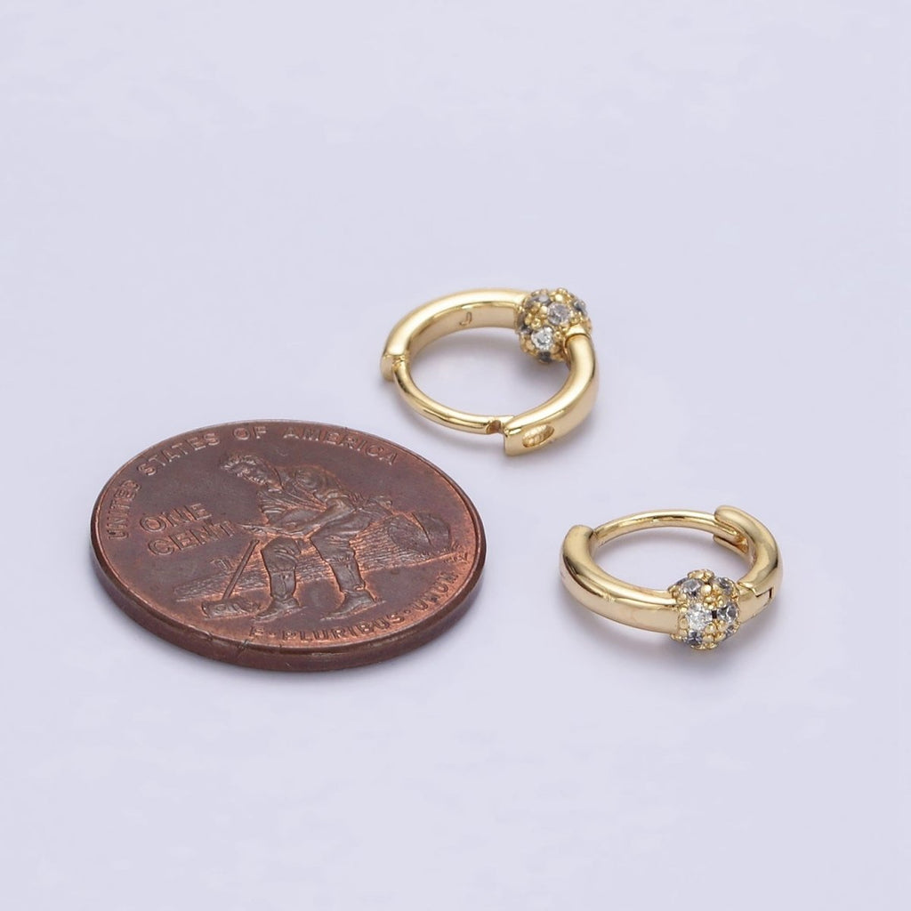 14K Gold plated Shambala Bead CZ Micro Paved 10mm Cartilage Huggie Earrings | AE747 - DLUXCA