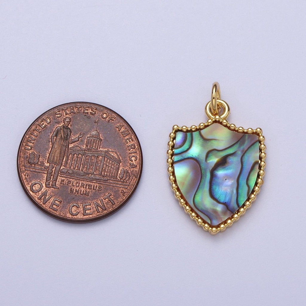 14K Gold plated Shell Pearl, Abalone Family Crest Shield Charm E-540 E-543 - DLUXCA