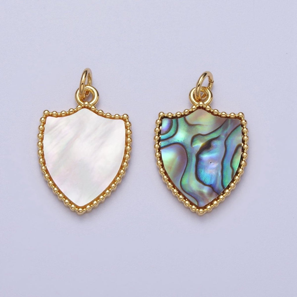 14K Gold plated Shell Pearl, Abalone Family Crest Shield Charm E-540 E-543 - DLUXCA