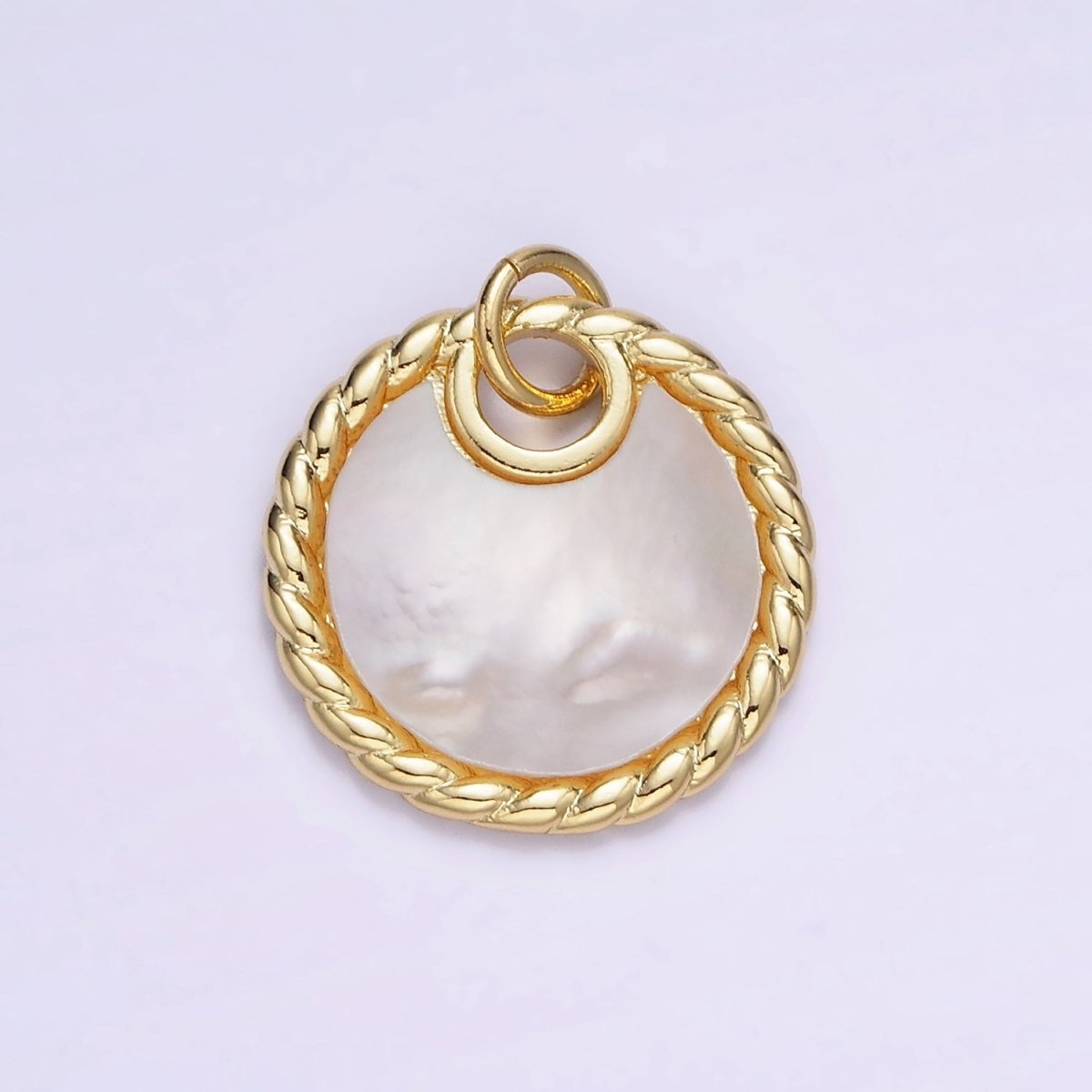 14K Gold plated Shell Pearl Croissant Bezel Round Charm in Gold & Silver | W503