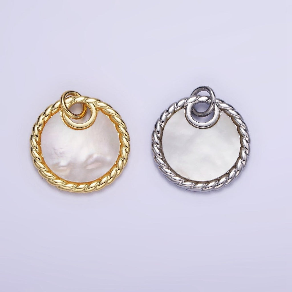 14K Gold plated Shell Pearl Croissant Bezel Round Charm in Gold & Silver | W503