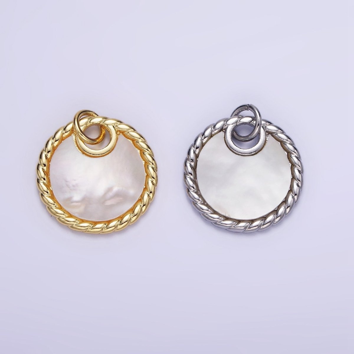 14K Gold plated Shell Pearl Croissant Bezel Round Charm in Gold & Silver | W503