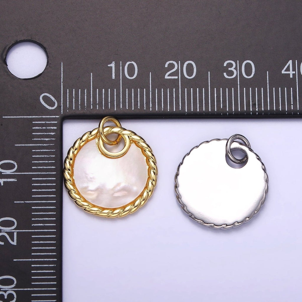 14K Gold plated Shell Pearl Croissant Bezel Round Charm in Gold & Silver | W503