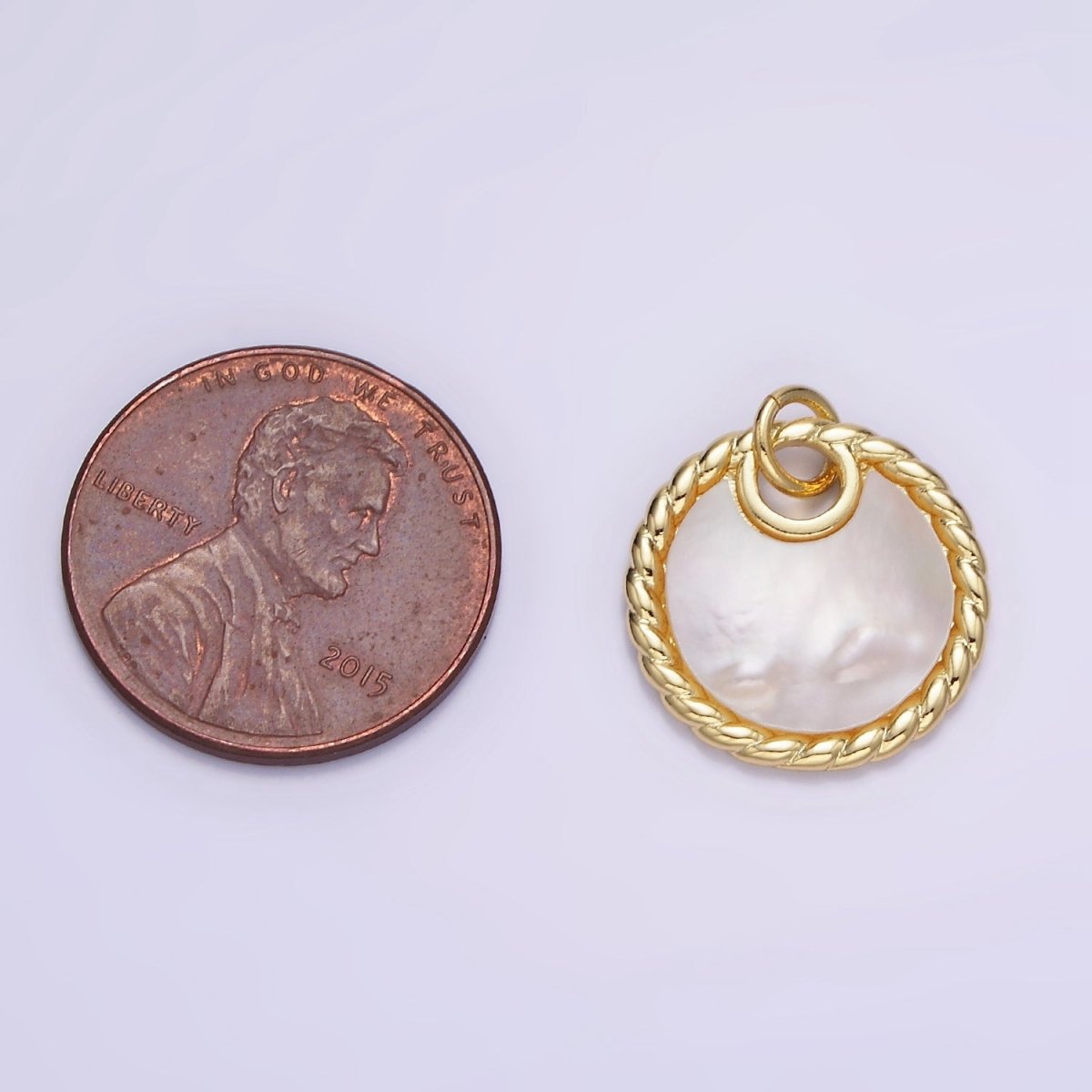 14K Gold plated Shell Pearl Croissant Bezel Round Charm in Gold & Silver | W503