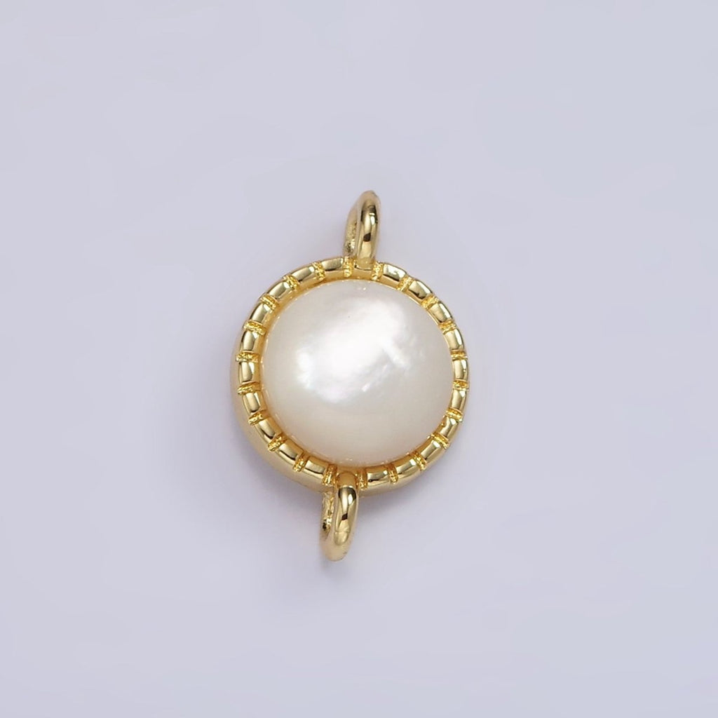 14K Gold plated Shell Pearl Dotted Bezel Round Connector | G226 - DLUXCA