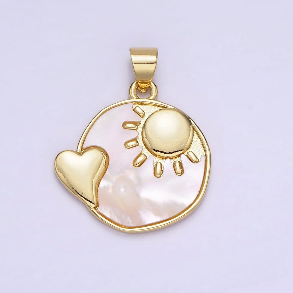 14K Gold plated Shell Pearl Heart Celestial Sun, Moon Round Pendant | AH153 AA741 - DLUXCA