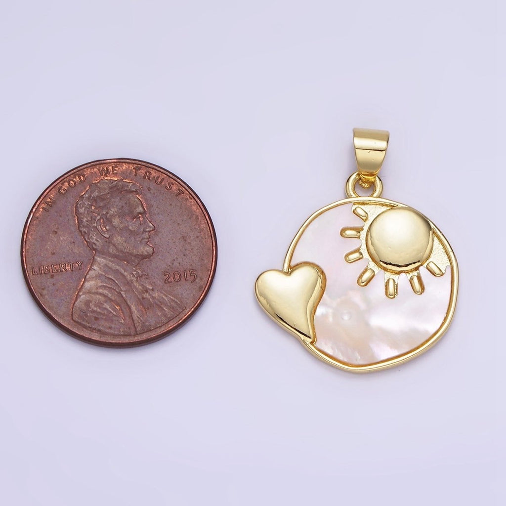 14K Gold plated Shell Pearl Heart Celestial Sun, Moon Round Pendant | AH153 AA741 - DLUXCA