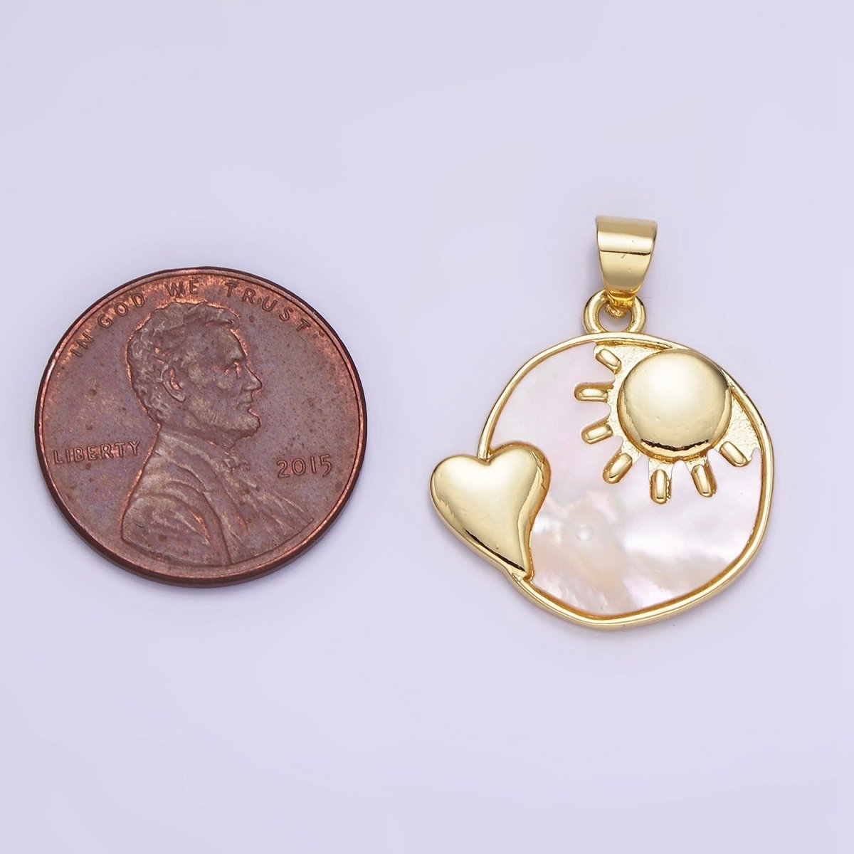 14K Gold plated Shell Pearl Heart Celestial Sun, Moon Round Pendant | AH153 AA741 - DLUXCA