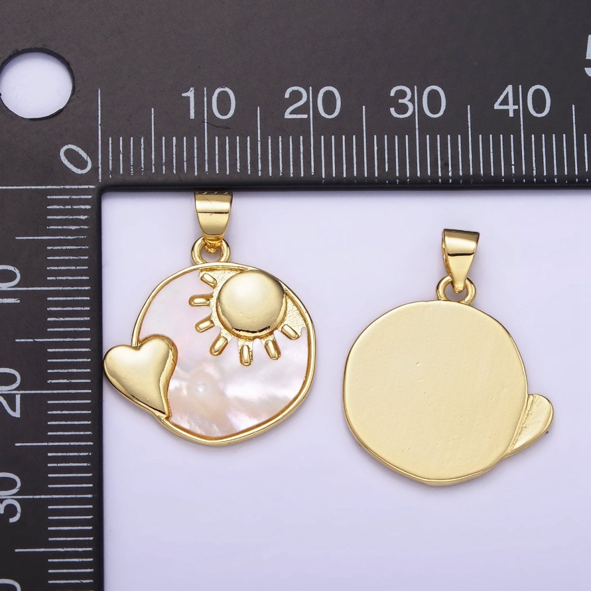 14K Gold plated Shell Pearl Heart Celestial Sun, Moon Round Pendant | AH153 AA741 - DLUXCA