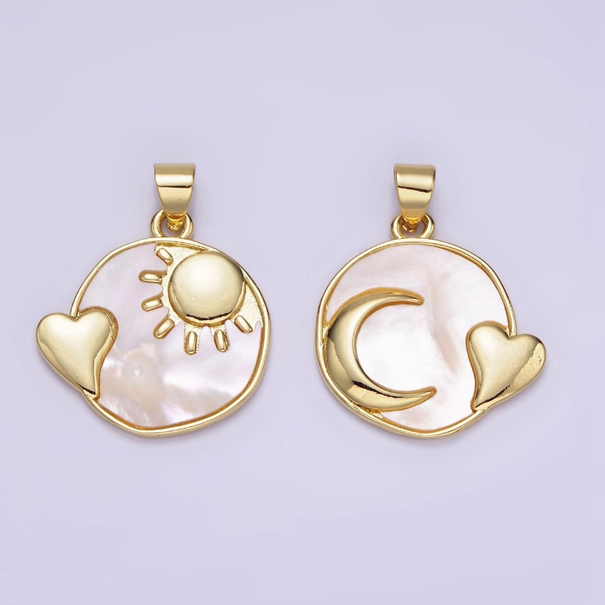 14K Gold plated Shell Pearl Heart Celestial Sun, Moon Round Pendant | AH153 AA741 - DLUXCA