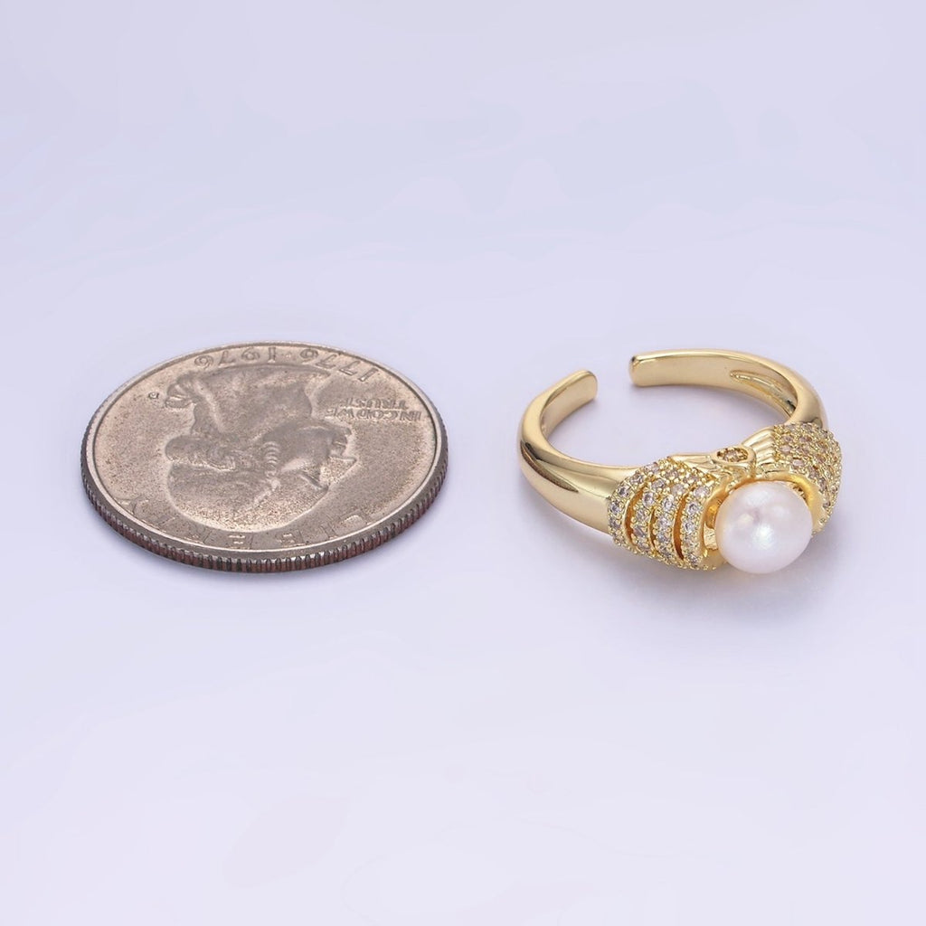 14K Gold plated Shell Pearl Micro Paved CZ Multiple Lined Band Ring | O1343 - DLUXCA