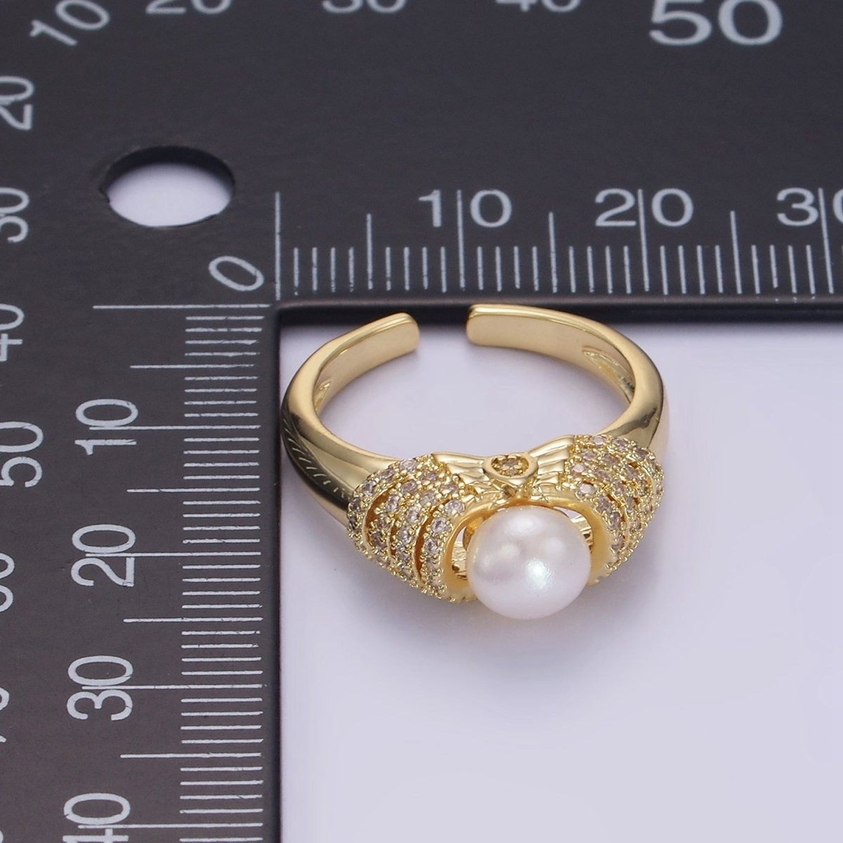 14K Gold plated Shell Pearl Micro Paved CZ Multiple Lined Band Ring | O1343 - DLUXCA