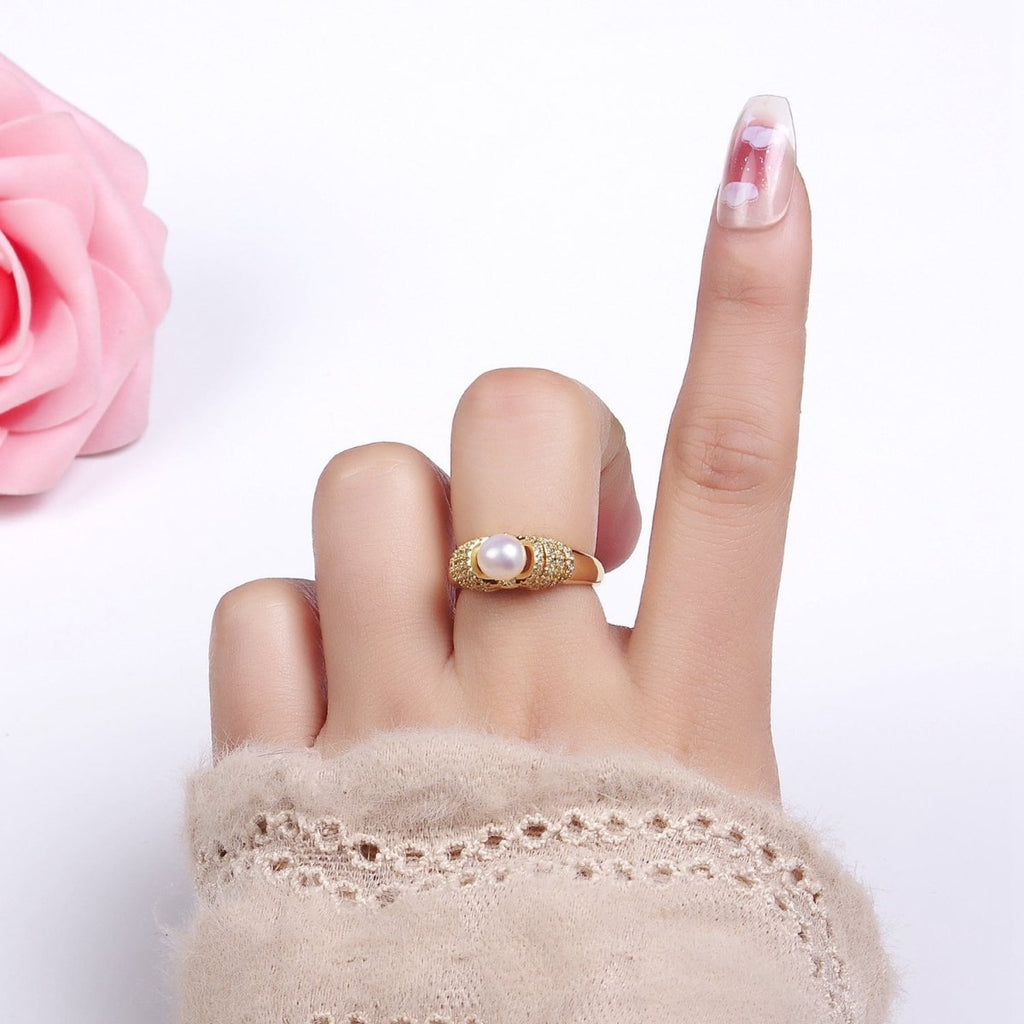 14K Gold plated Shell Pearl Micro Paved CZ Multiple Lined Band Ring | O1343 - DLUXCA