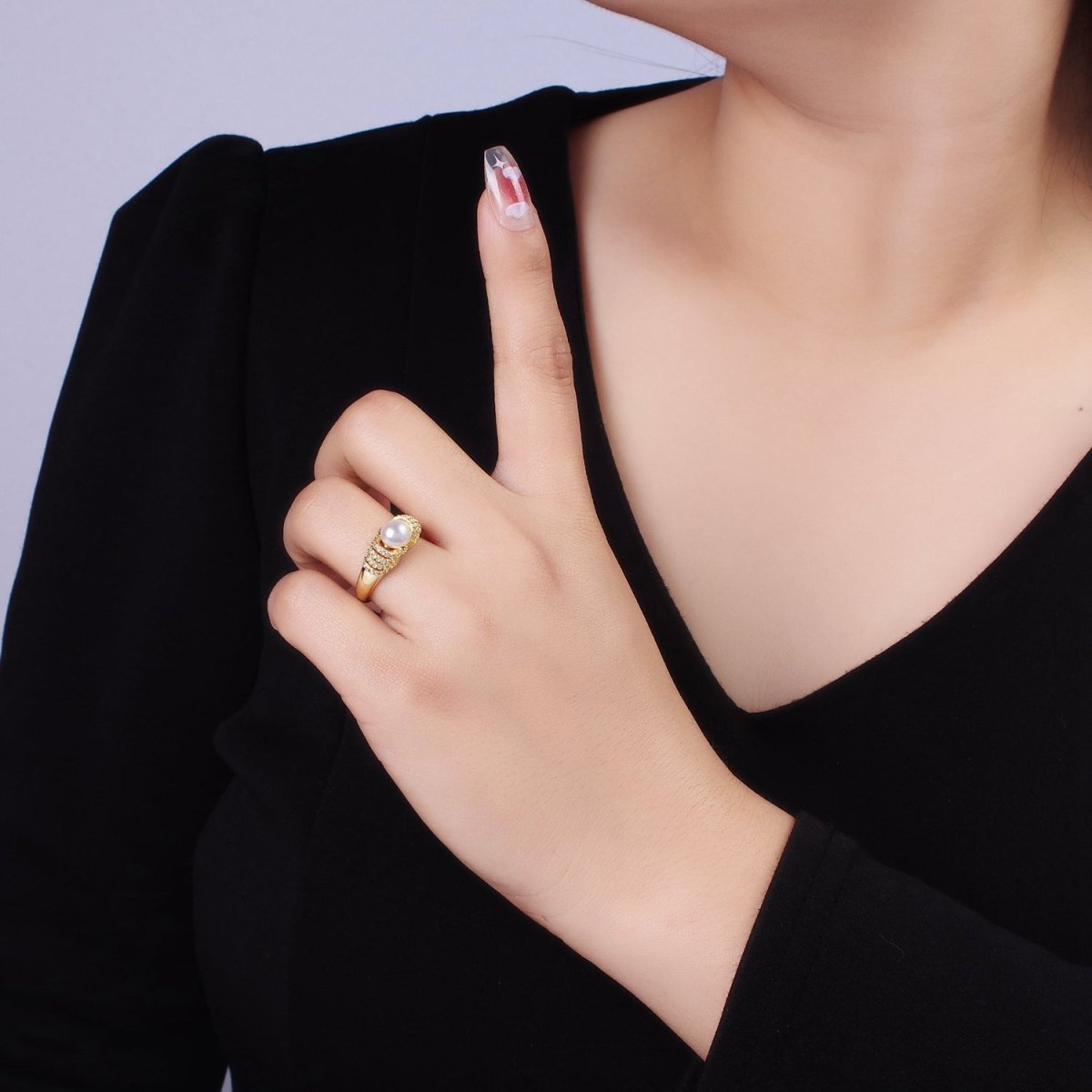 14K Gold plated Shell Pearl Micro Paved CZ Multiple Lined Band Ring | O1343 - DLUXCA