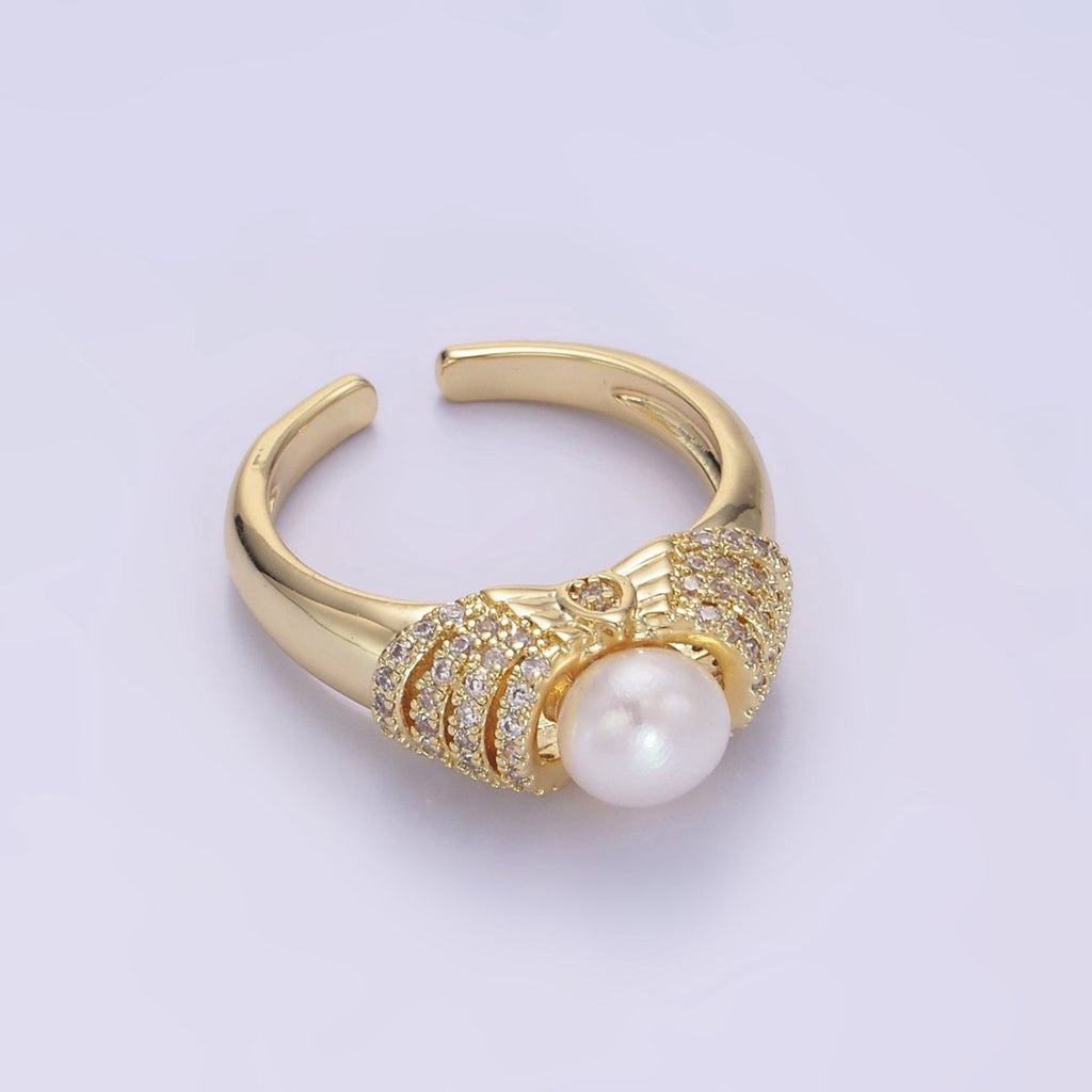 14K Gold plated Shell Pearl Micro Paved CZ Multiple Lined Band Ring | O1343 - DLUXCA