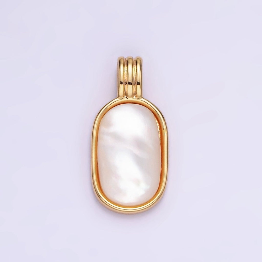 14K Gold plated Shell Pearl Oblong Bezel Triple Band Pendant | AA1191 - DLUXCA