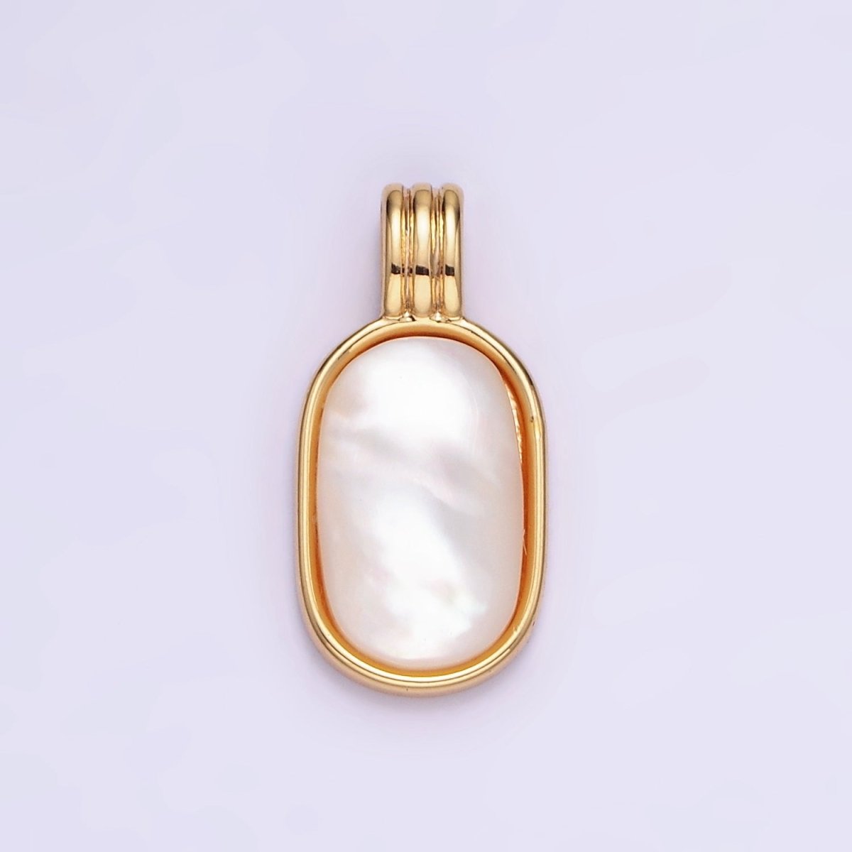 14K Gold plated Shell Pearl Oblong Bezel Triple Band Pendant | AA1191 - DLUXCA