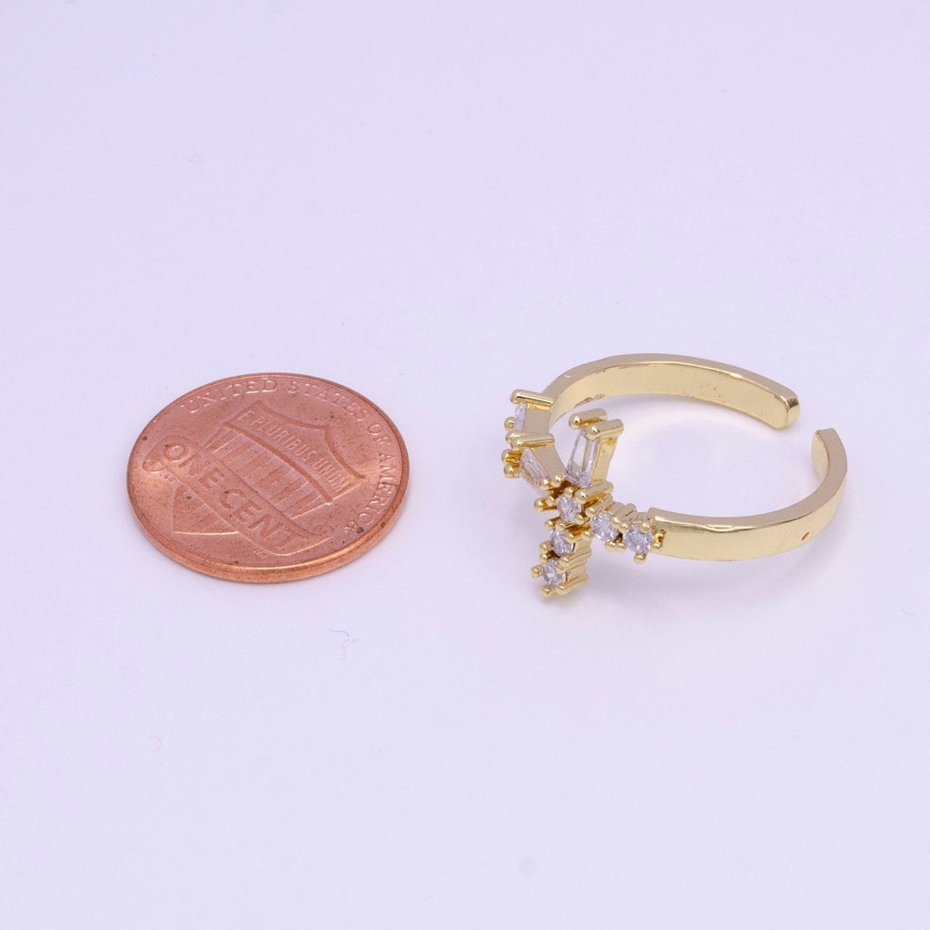 14K Gold plated Sideway Cross Clear Baguette CZ Religious Ring | O-013 - DLUXCA