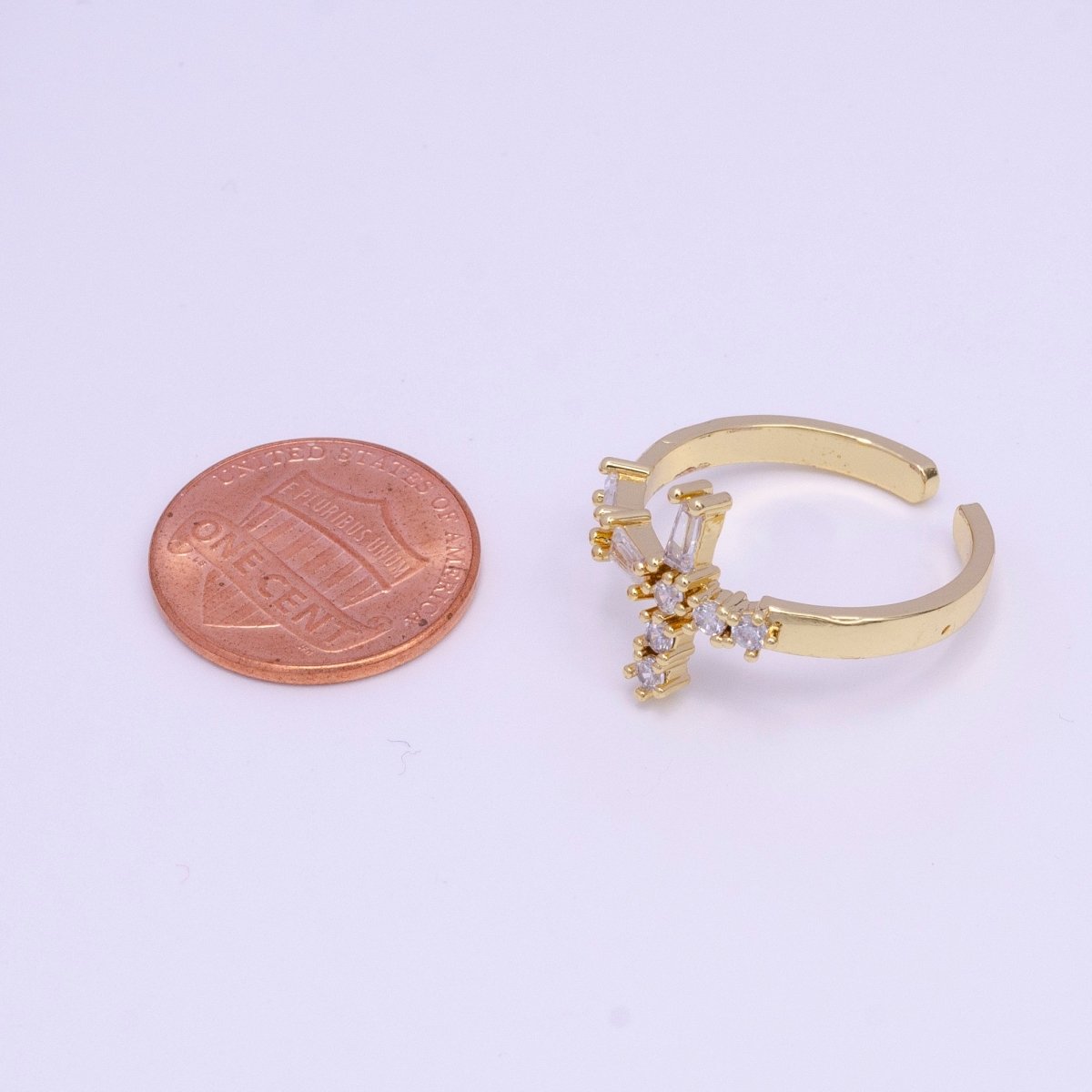 14K Gold plated Sideway Cross Clear Baguette CZ Religious Ring | O-013 - DLUXCA