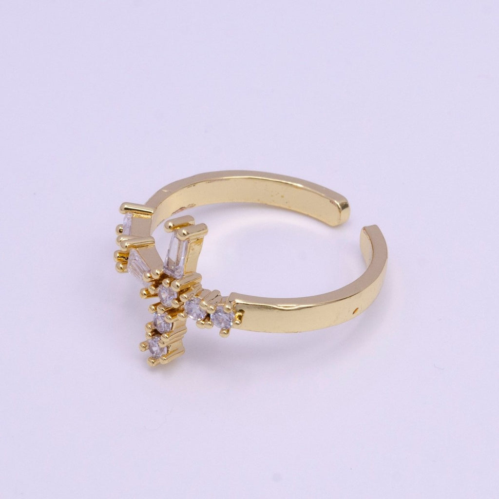 14K Gold plated Sideway Cross Clear Baguette CZ Religious Ring | O-013 - DLUXCA