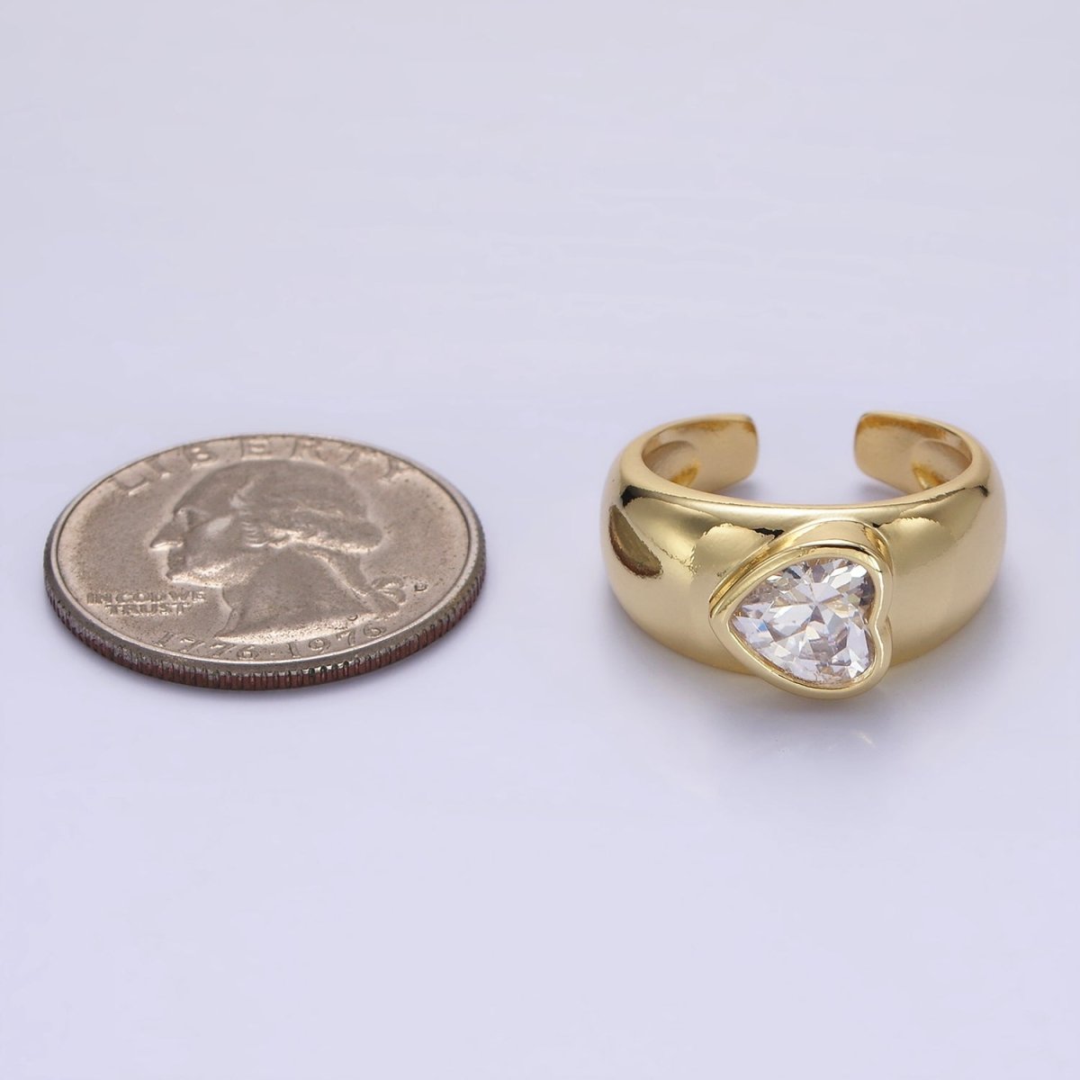 14K Gold plated Sideway Heart CZ Solitaire Band Ring | O349 - DLUXCA