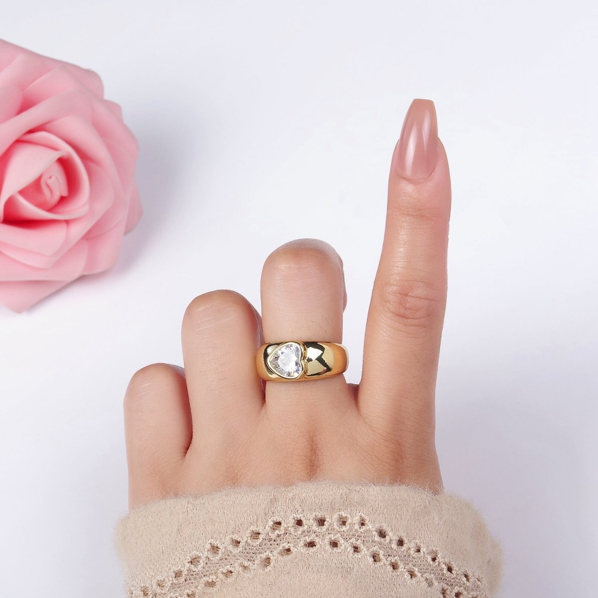 14K Gold plated Sideway Heart CZ Solitaire Band Ring | O349 - DLUXCA