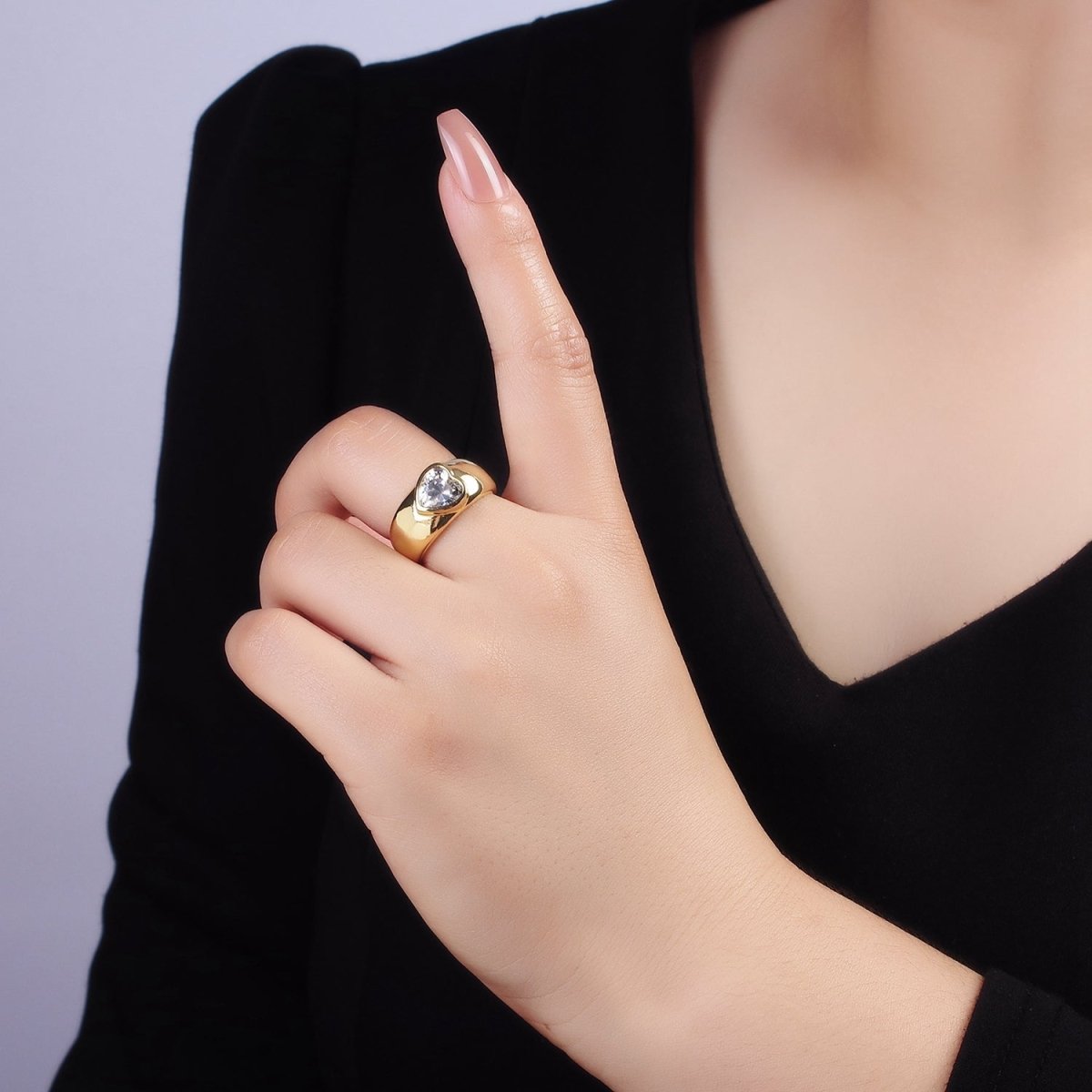 14K Gold plated Sideway Heart CZ Solitaire Band Ring | O349 - DLUXCA