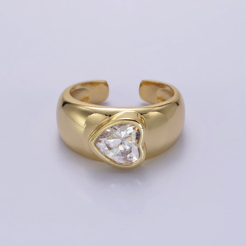 14K Gold plated Sideway Heart CZ Solitaire Band Ring | O349 - DLUXCA