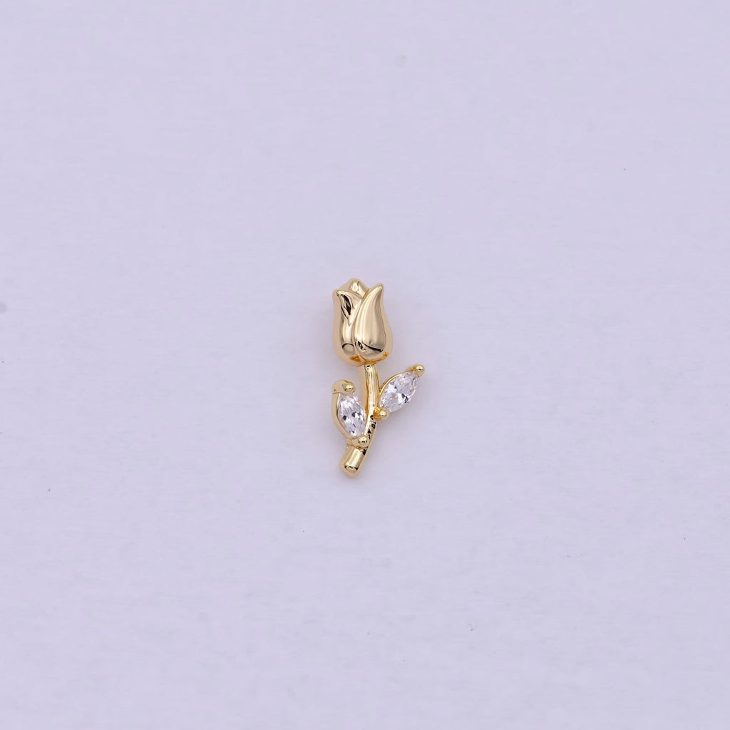 14K Gold plated Small Rose Flower with Marquise Leaf Charm | C-384 - DLUXCA