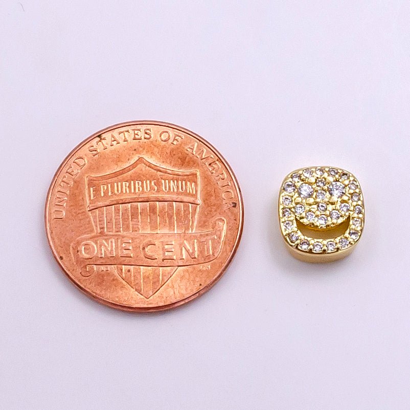 14K Gold plated Smiley Face Micro Paved CZ Bead | B882 - DLUXCA