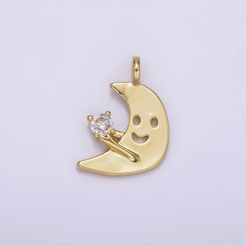 14K Gold plated Smiley Faced Celestial Crescent Moon CZ Charm Kids Jewelry | N1880 - DLUXCA