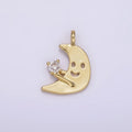 14K Gold plated Smiley Faced Celestial Crescent Moon CZ Charm Kids Jewelry | N1880 - DLUXCA