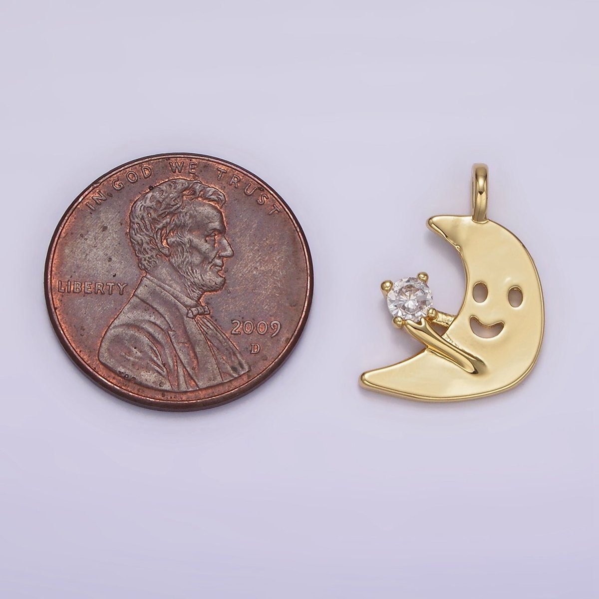 14K Gold plated Smiley Faced Celestial Crescent Moon CZ Charm Kids Jewelry | N1880 - DLUXCA