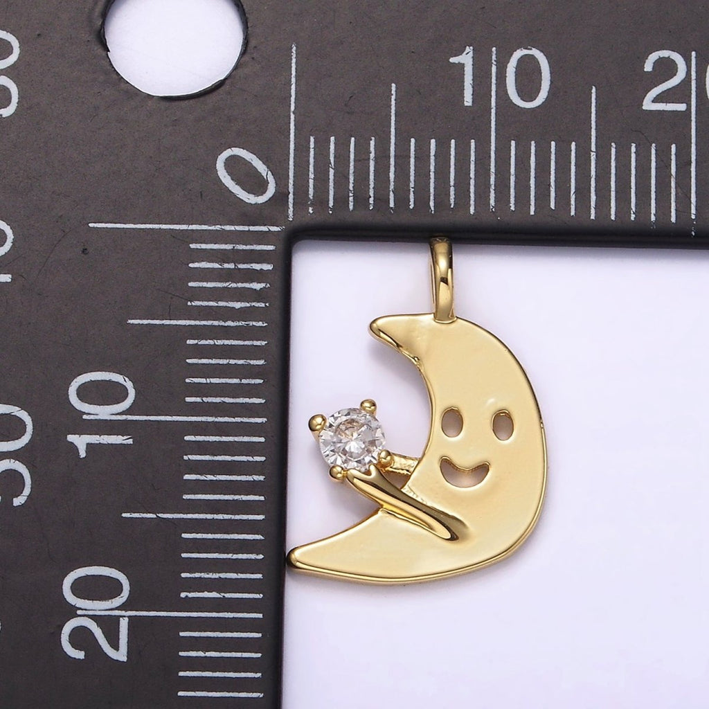 14K Gold plated Smiley Faced Celestial Crescent Moon CZ Charm Kids Jewelry | N1880 - DLUXCA