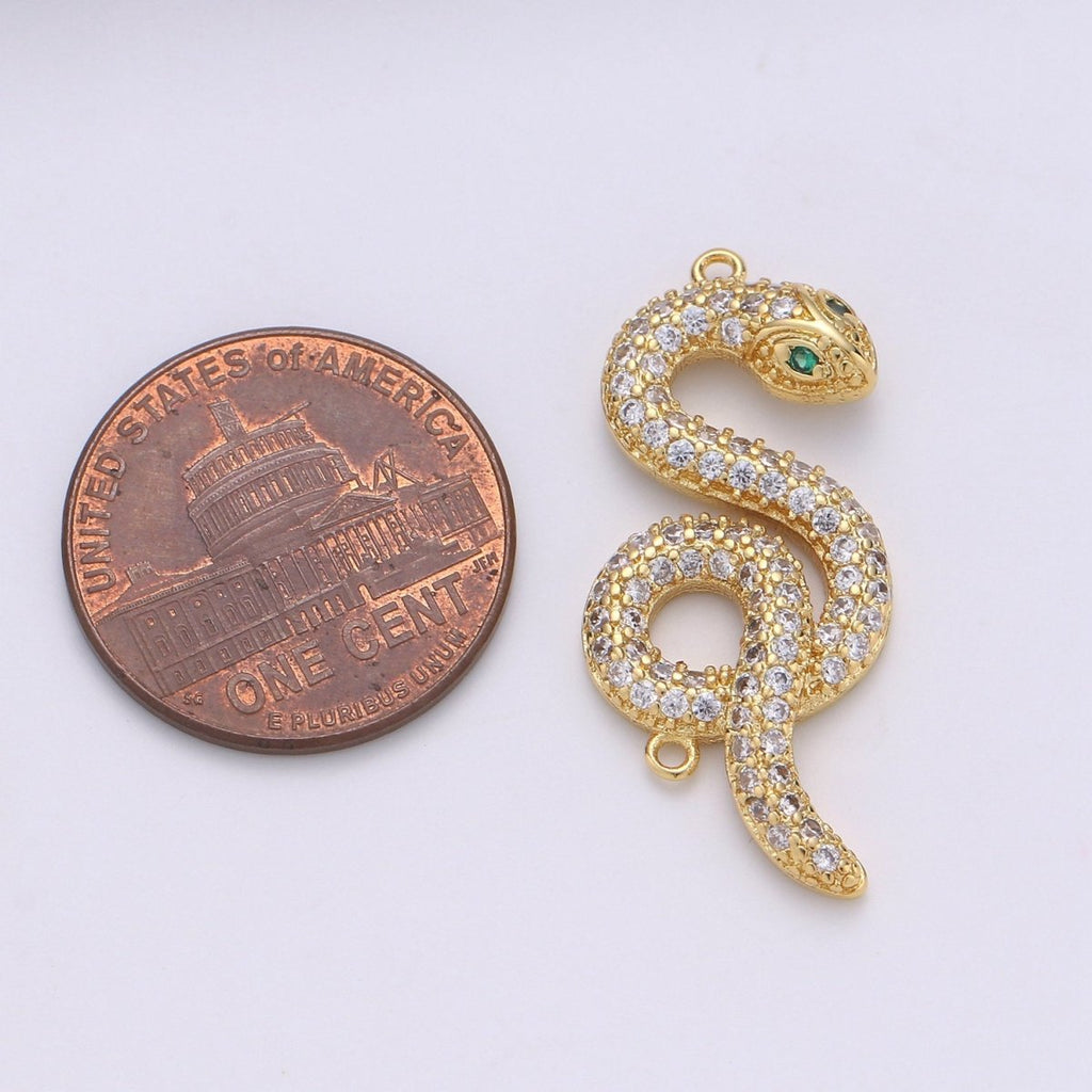 14K Gold plated Snake Connector, Serpent Animal Lover Link Connector Cubic Zirconia Bracelet Connector, Necklace Pendant Findings For Jewelry Making Supply F-455 - DLUXCA