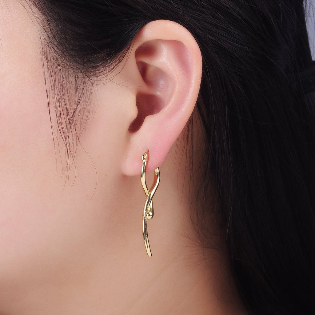 14K Gold plated Snake Minimalist Drop Latch Hoop Earrings | AE523 - DLUXCA
