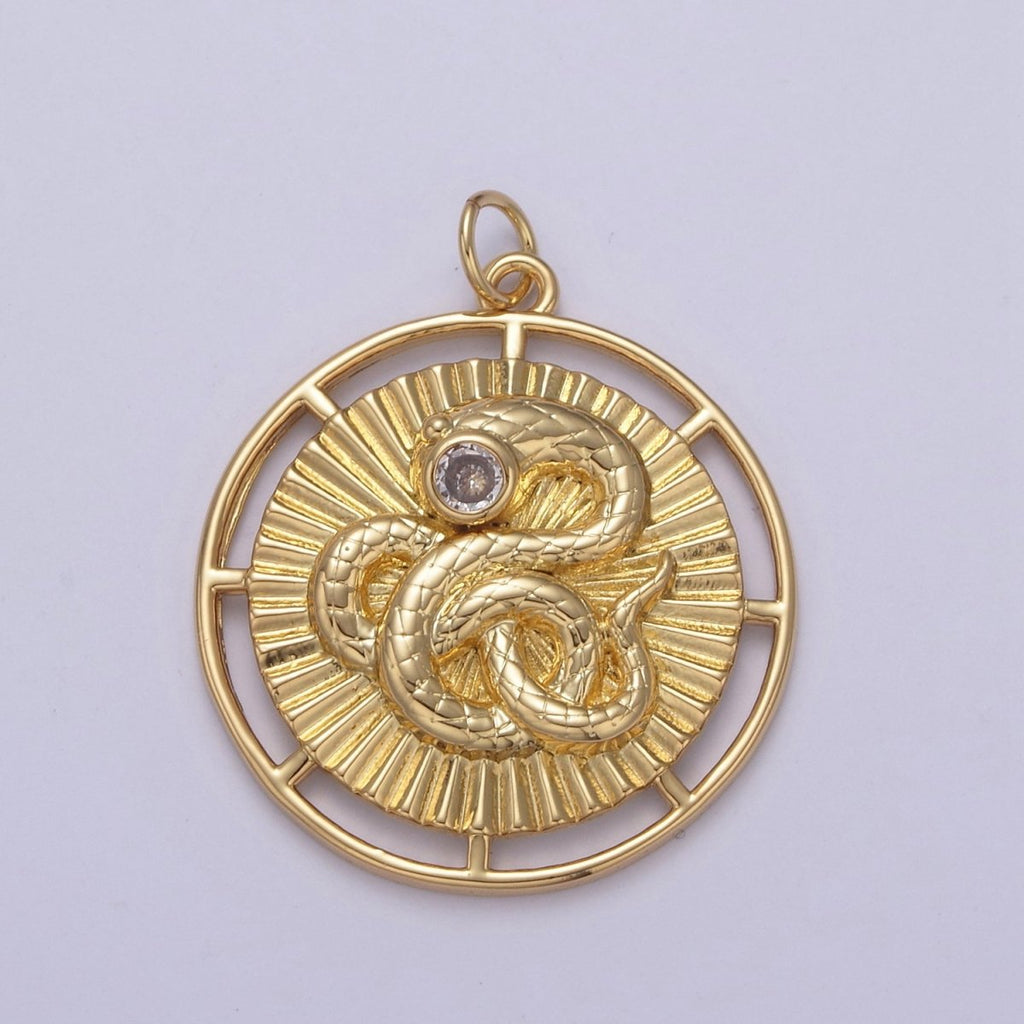 14K Gold plated Snake Serpent Slithering Sunburst Open 30mm Round Charm | N748 - DLUXCA