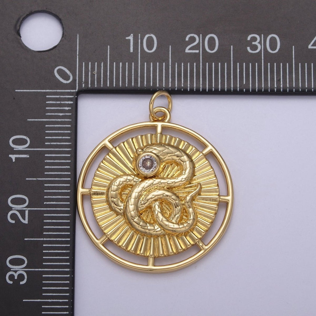 14K Gold plated Snake Serpent Slithering Sunburst Open 30mm Round Charm | N748 - DLUXCA