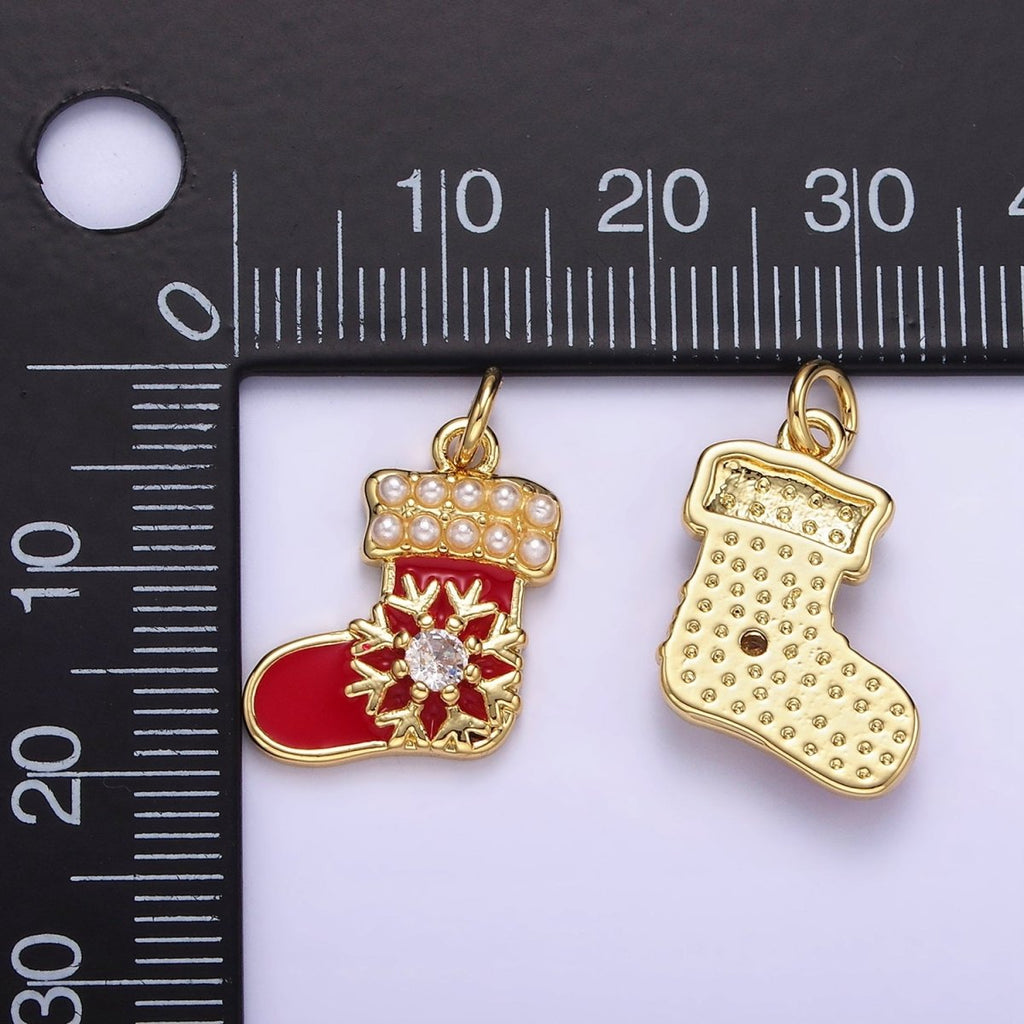 14K Gold plated Snow CZ Pearl Lined Red Socks Stockings Charm | AG645 - DLUXCA