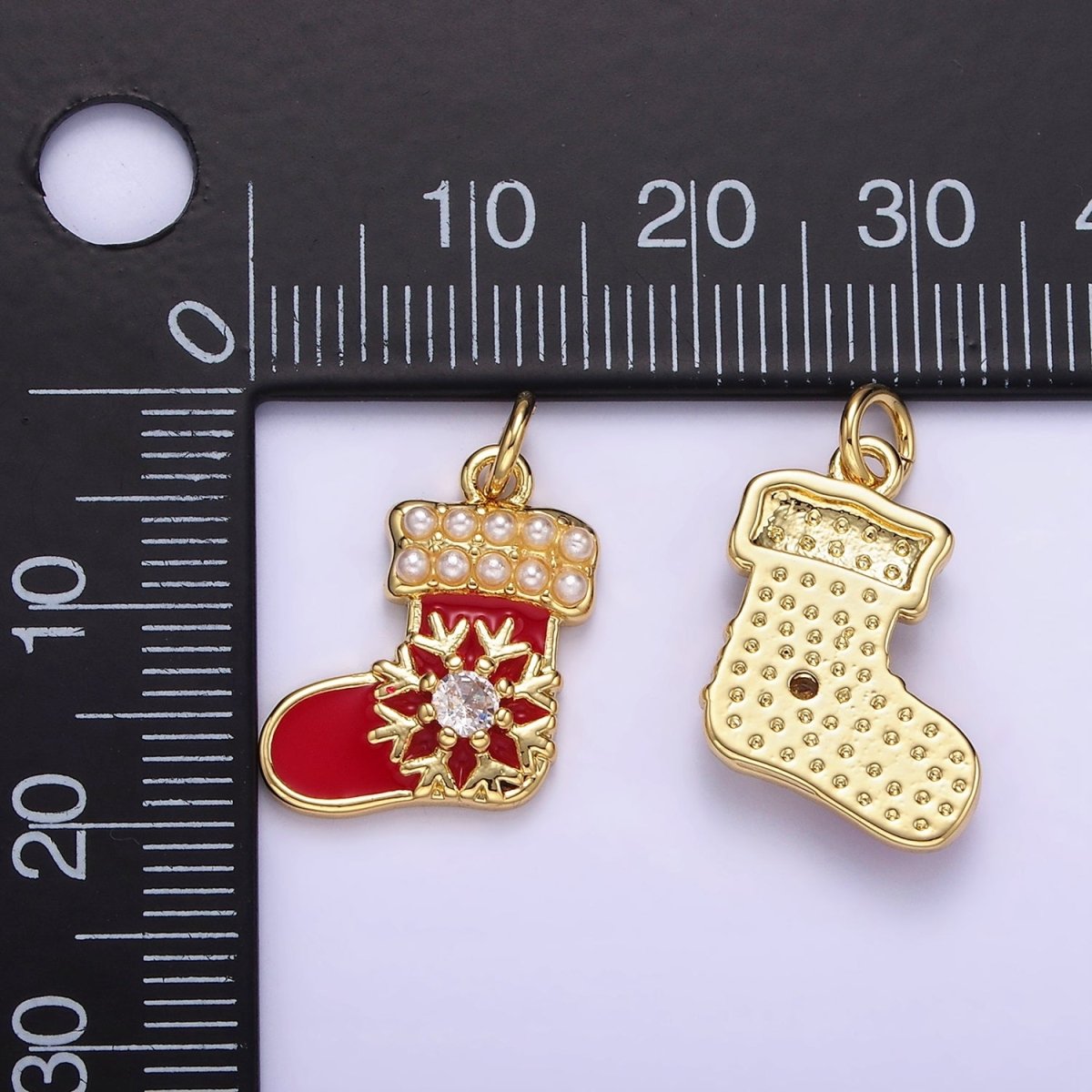 14K Gold plated Snow CZ Pearl Lined Red Socks Stockings Charm | AG645 - DLUXCA