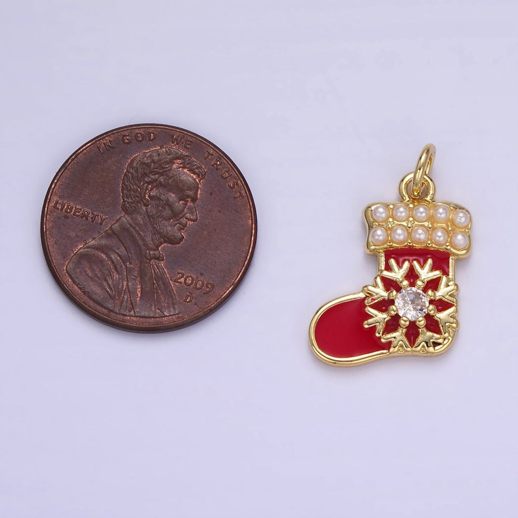 14K Gold plated Snow CZ Pearl Lined Red Socks Stockings Charm | AG645 - DLUXCA