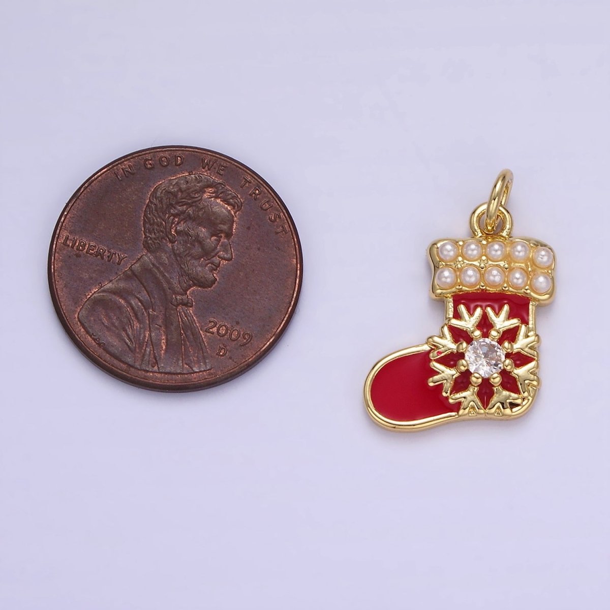 14K Gold plated Snow CZ Pearl Lined Red Socks Stockings Charm | AG645 - DLUXCA
