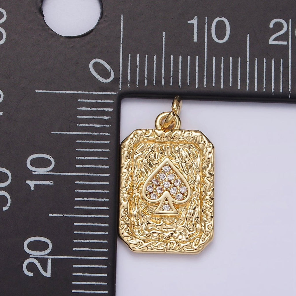 14K Gold plated Spades Card Micro Paved CZ Hammered Rectangular Tag Charm | AG267 - DLUXCA