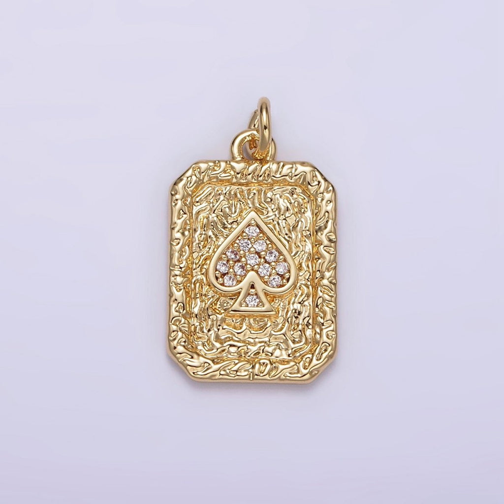 14K Gold plated Spades Card Micro Paved CZ Hammered Rectangular Tag Charm | AG267 - DLUXCA