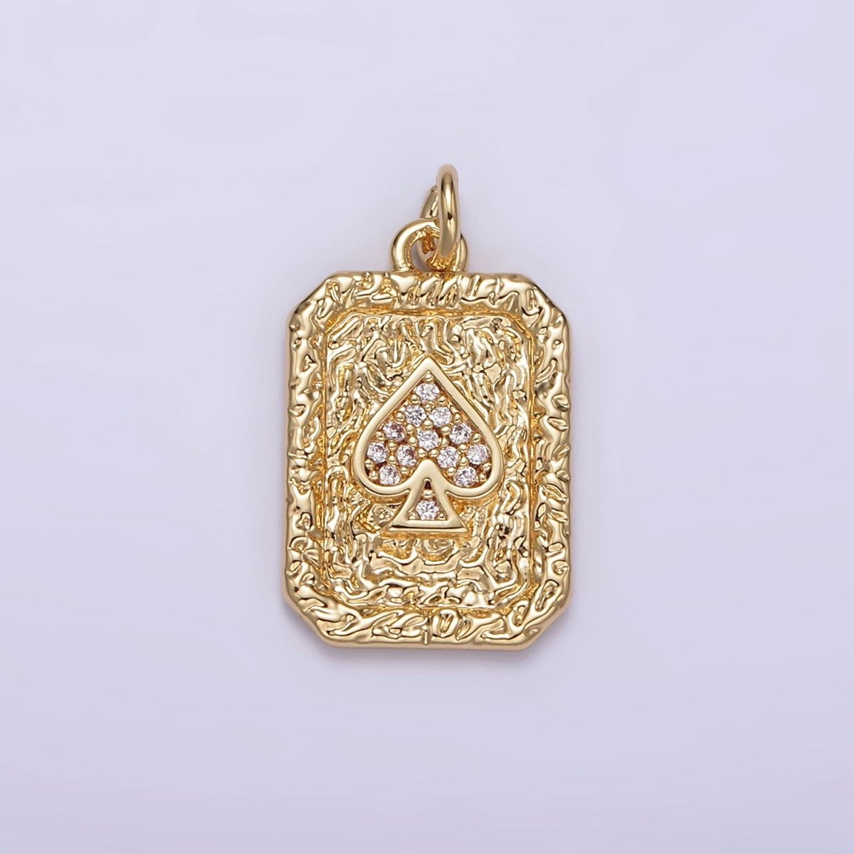 14K Gold plated Spades Card Micro Paved CZ Hammered Rectangular Tag Charm | AG267 - DLUXCA