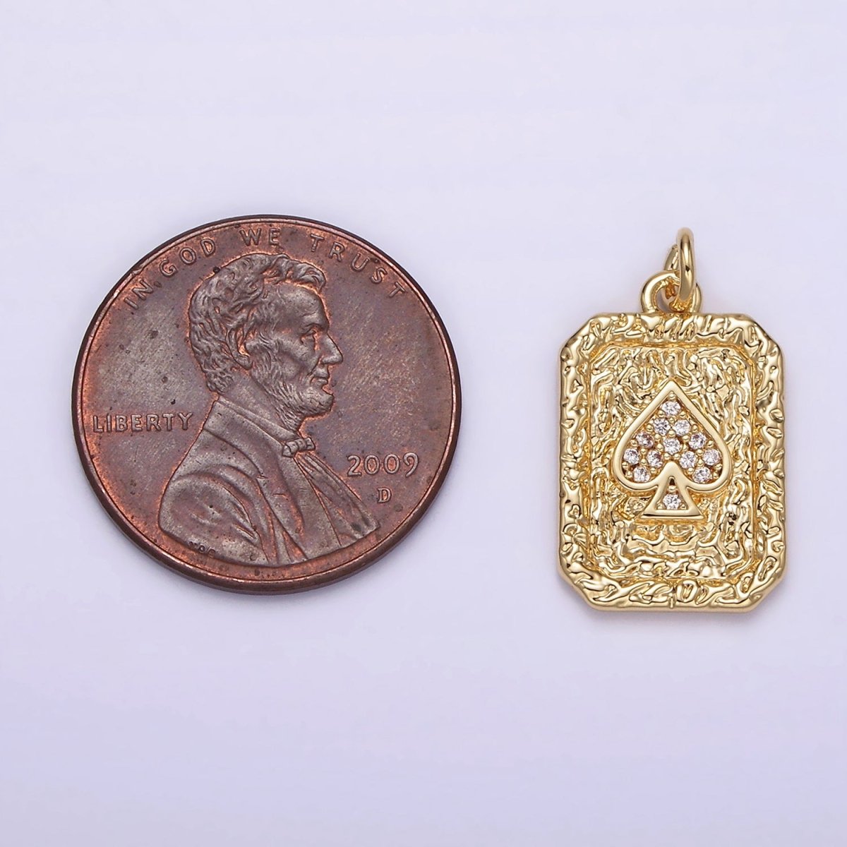 14K Gold plated Spades Card Micro Paved CZ Hammered Rectangular Tag Charm | AG267 - DLUXCA